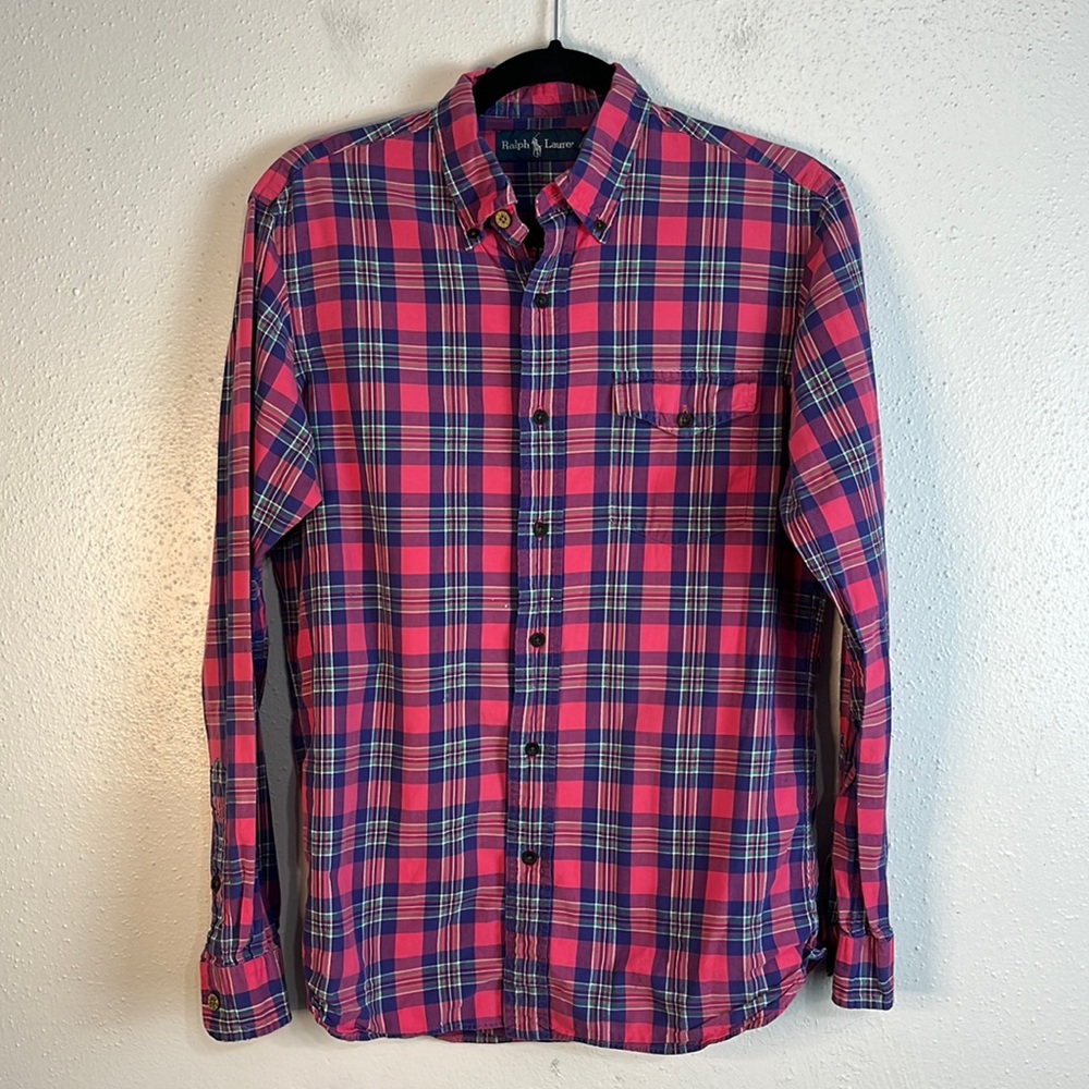 Ralph Lauren long sleeved button down womens shirt size S pink purple plaid